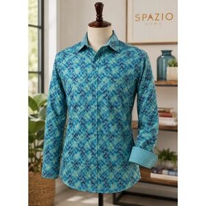 Spazio Uomo Mens L Blue Teal Geometric Button Down Shirt Flip Cuff Long Sleeve